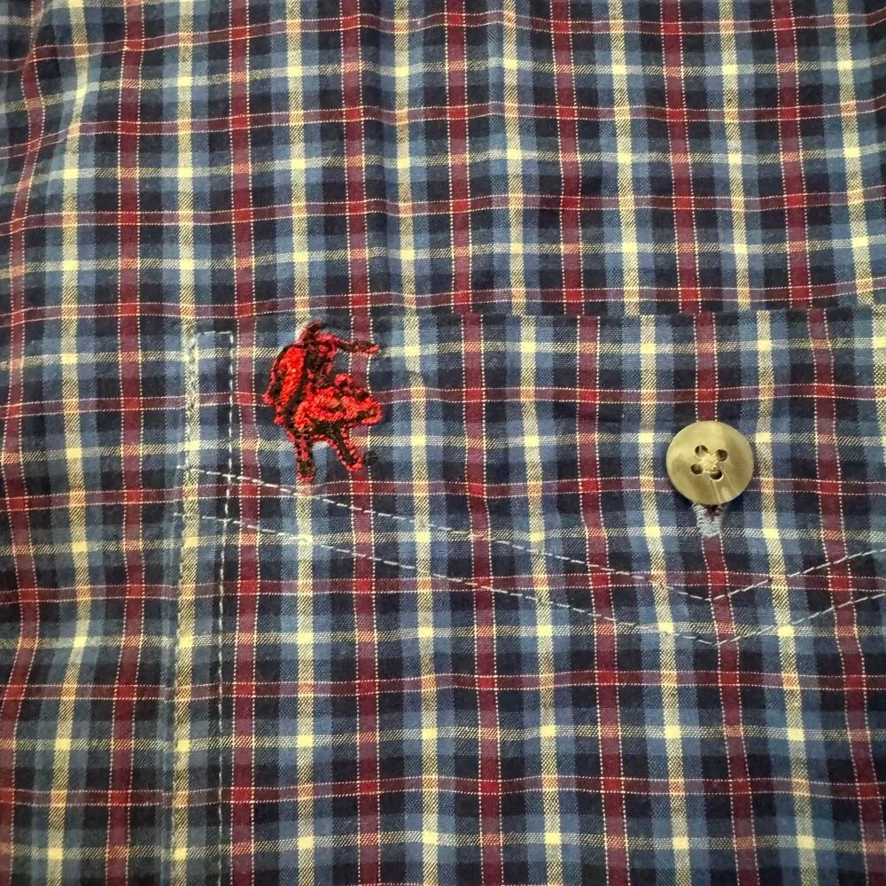 Wrangler PBR Men's Casual Button-Down Shirt Blue Red Plaid XL 100% Cotton